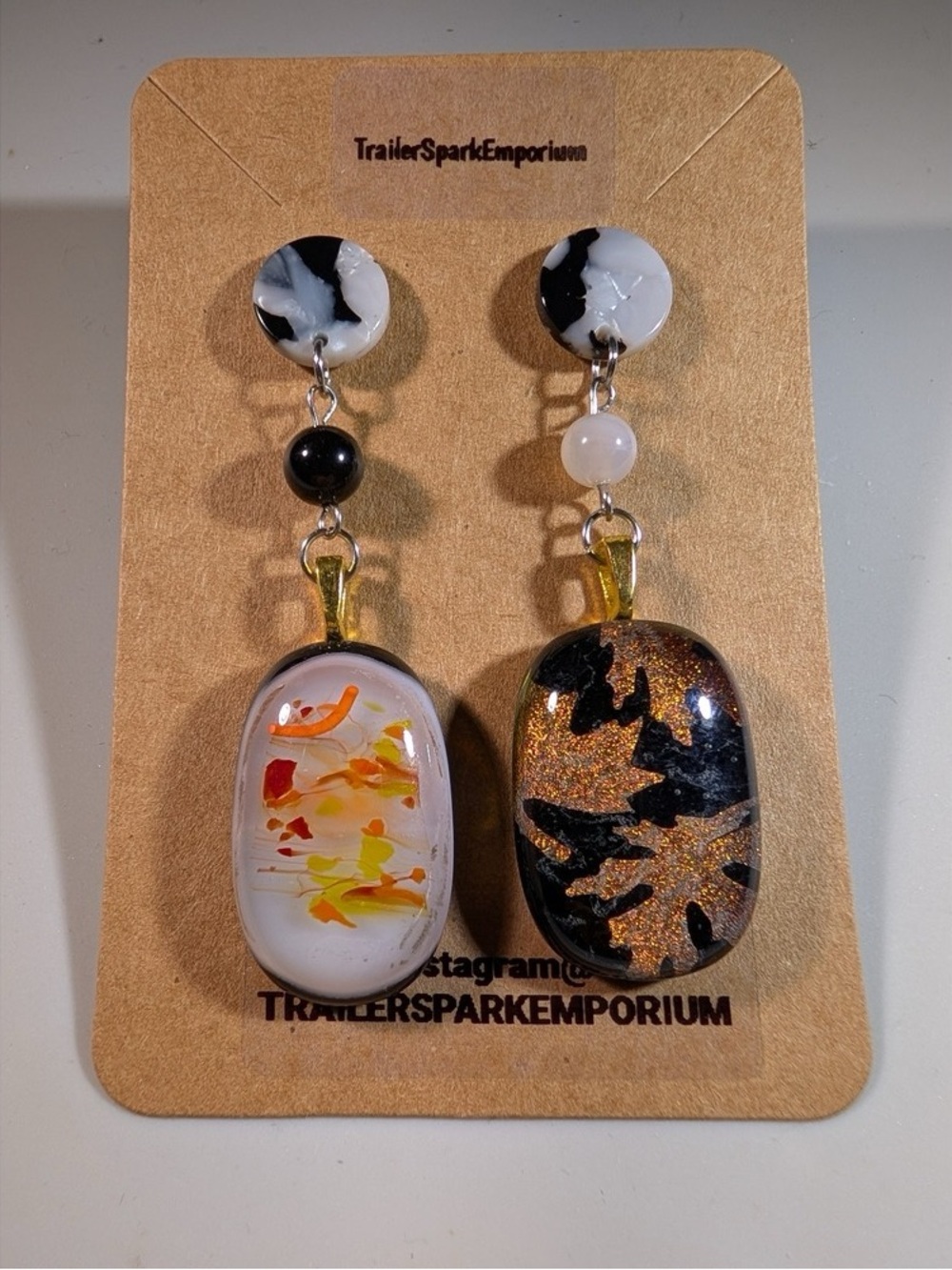 Handmade Dangle Earrings - Black & White with Orange Accent